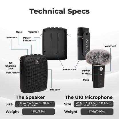 WinBridge Wireless Voice Amplifier with Bluetooth Lapel Microphone for Teaching, Classroom Lecturing, ABS 49ft, 12-15H Portable Personal Mini Amp Lavalier Mic Speaker for Teachers - WB006