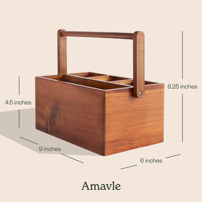 Amavle Acacia Wood Utensil Caddy with Handle, Wooden Silverware Holder, Multi-purpose Organizer for Kitchen, Office, Bathroom, Bedroom