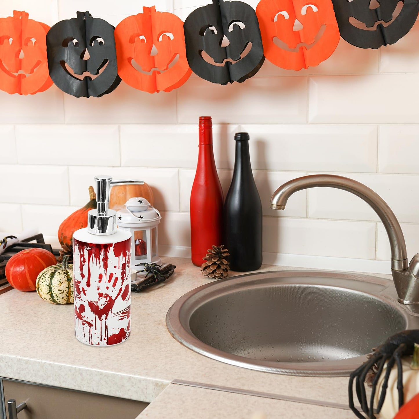 JarThenaAMCS Halloween Soap Dispenser Bloody Handprint Glass Dispenser with Pump Refillable Liquid Soap Container for Home Kitchen Bathroom Countertop