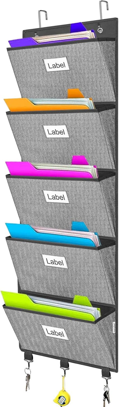 Over the Door File Organizer, Hanging File Folders, Wall Organizers and Storage for Mail, Magazine, Notebooks, Planners, Office, Classroom, 5 Extra Large Pockets, 50.39” Tall (Grey with Herringbone)