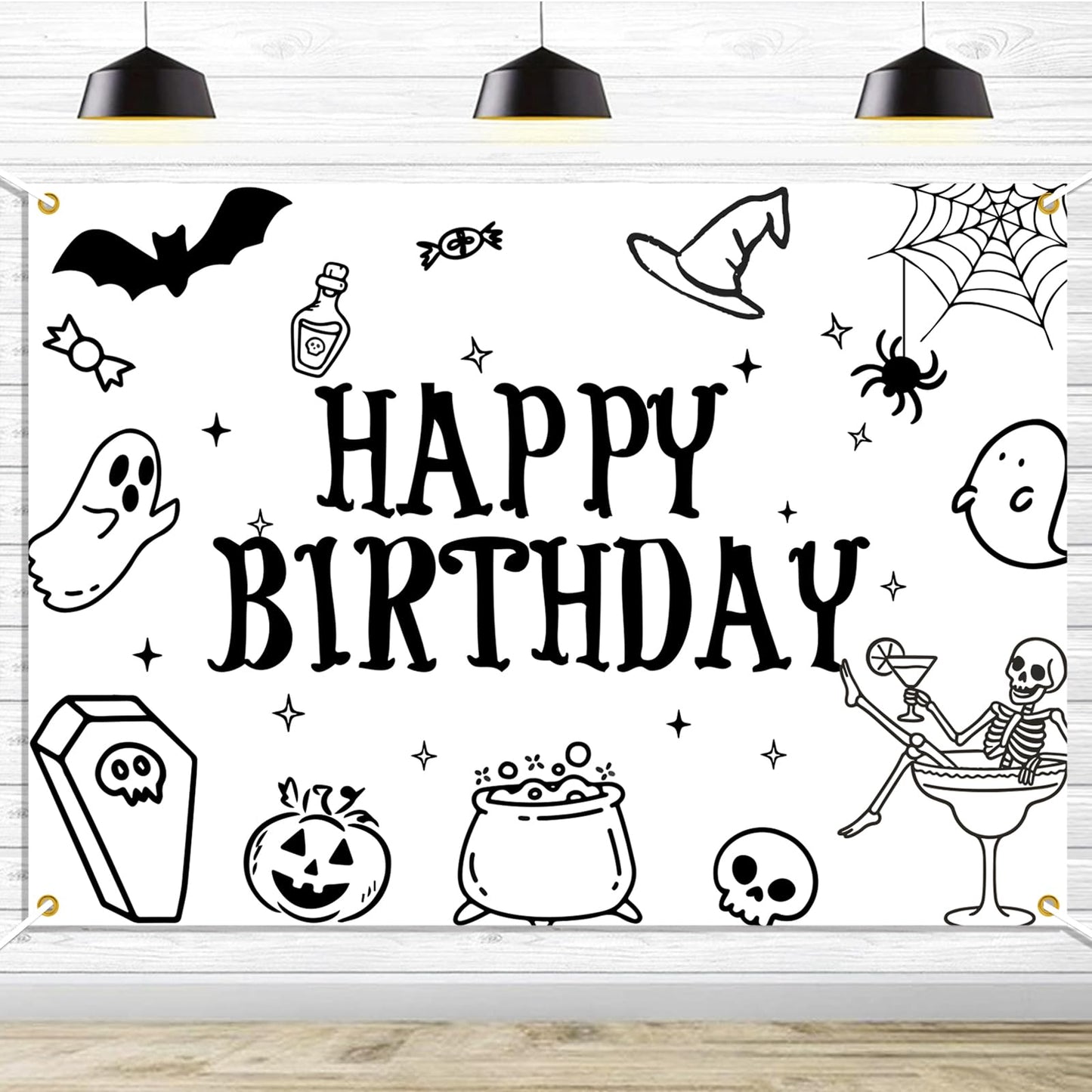 Halloween Happy Birthday Backdrop, Ghost Bat Pumpkin Skull Witch Birthday Party Decorations Halloween Themed Birthday Party Photo Background, 7 * 5Ft