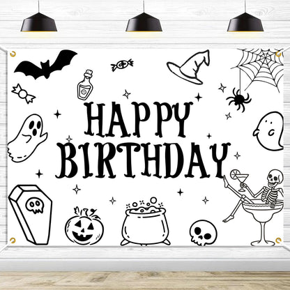 Halloween Happy Birthday Backdrop, Ghost Bat Pumpkin Skull Witch Birthday Party Decorations Halloween Themed Birthday Party Photo Background, 7 * 5Ft