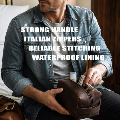 Mens Leather Toiletry Bag – Dopp Kit Handmade in USA – Full Grain Leather Organizer Bag with Waterproof Lining for Travel, Toiletries, Shaving Kit – Gifts for Men, Husband, Dad, Boyfriend