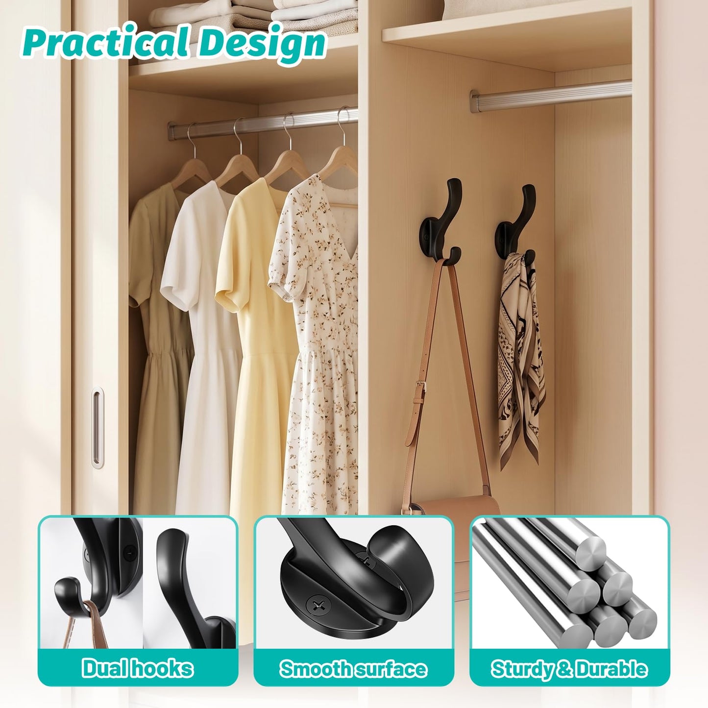 Ruiziiz Coat Hooks Heavy Duty - Wall Mount Metal Towel Hooks Screw-in Wall Hooks for Hanging Hat, Towel, Key, Robe, Scarf, Bag, Cap (6 PCS Black)