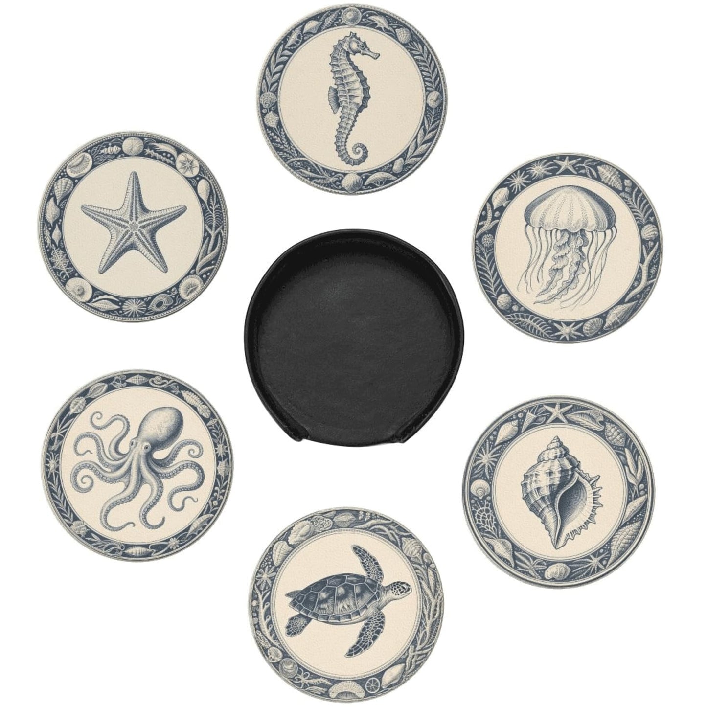 6 Pcs Nautical Ocean Drink Coasters with Holder Coasters for Drinks Coffee Table Home Decor Housewarming Gift