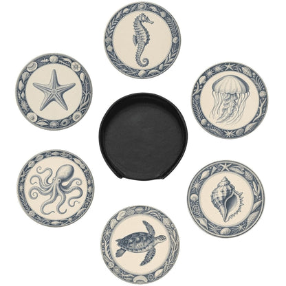 6 Pcs Nautical Ocean Drink Coasters with Holder Coasters for Drinks Coffee Table Home Decor Housewarming Gift