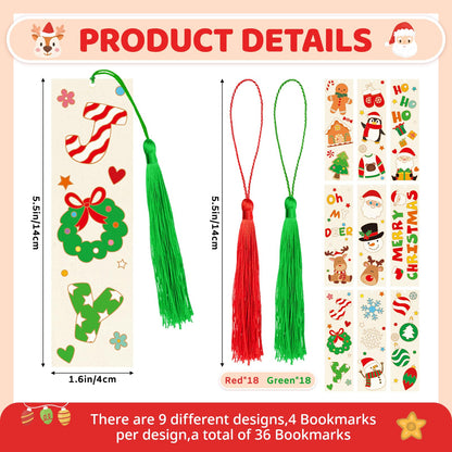 36 Pcs Color Your Own Christmas Bookmarks for Kids DIY Christmas Gifts Wooden Blank Bookmarks Bulk with Hanging Tassel for Xmas Winter Crafts Birthday Gift