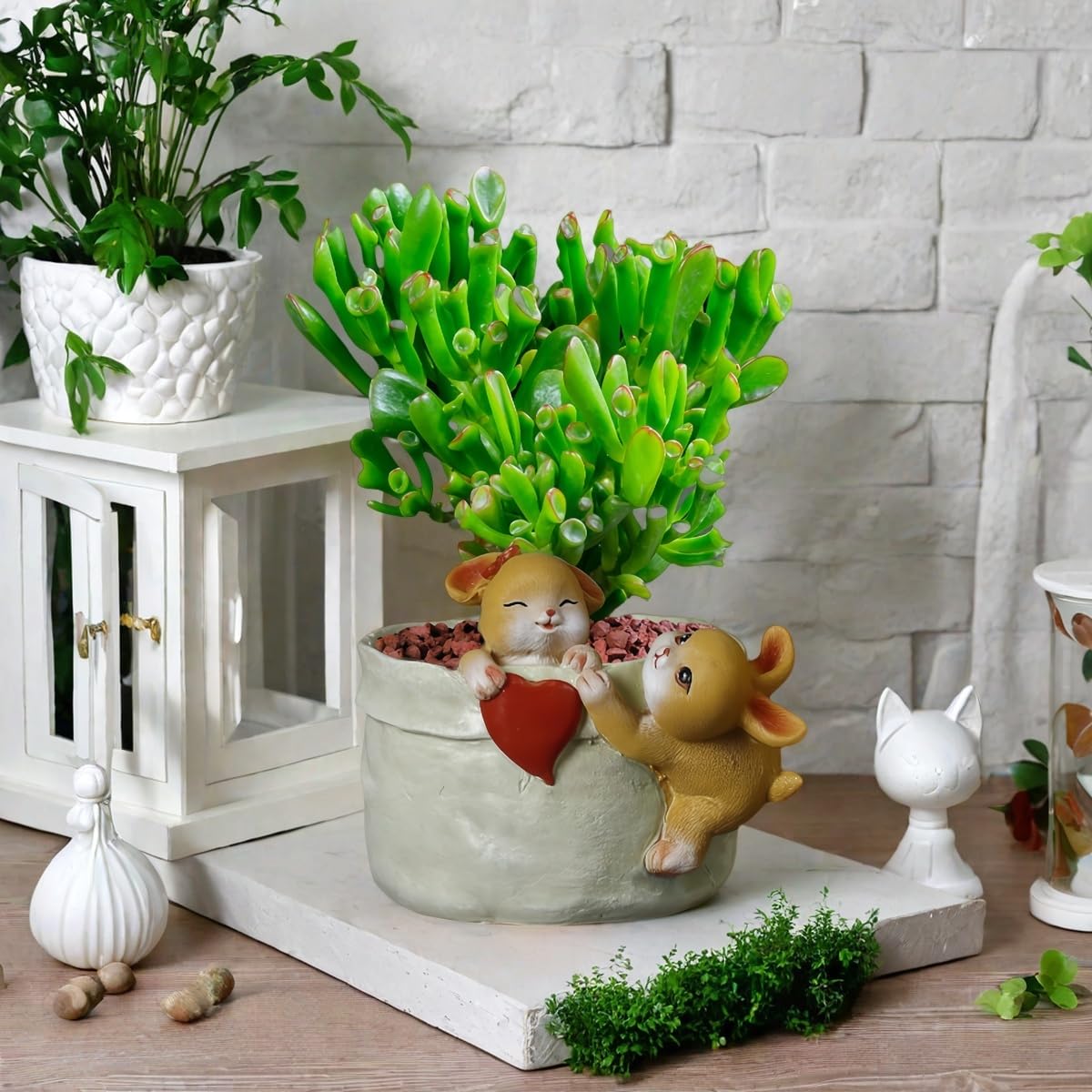 Kuandmo 4 inch Small Succulent Plant Pot with Drainage - Funny Rabbit Design Garden Flower Pot - Cute Bunny Planter for Indoor Home Decor for Unique Cactus Plant Lovers (Green)