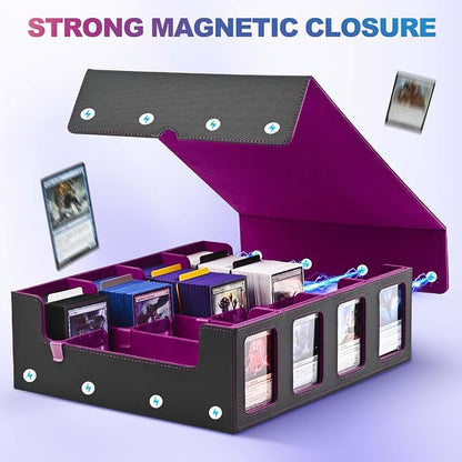 UAONO Trading Card Storage Box with Commander Display; 2400+ Deck Box for MTG with Removable Cover; Top Loaders Card Case fits Magic TCG PTCG Sports Cards; 24 Dividers, 4 Stoppers (Black, Purple)