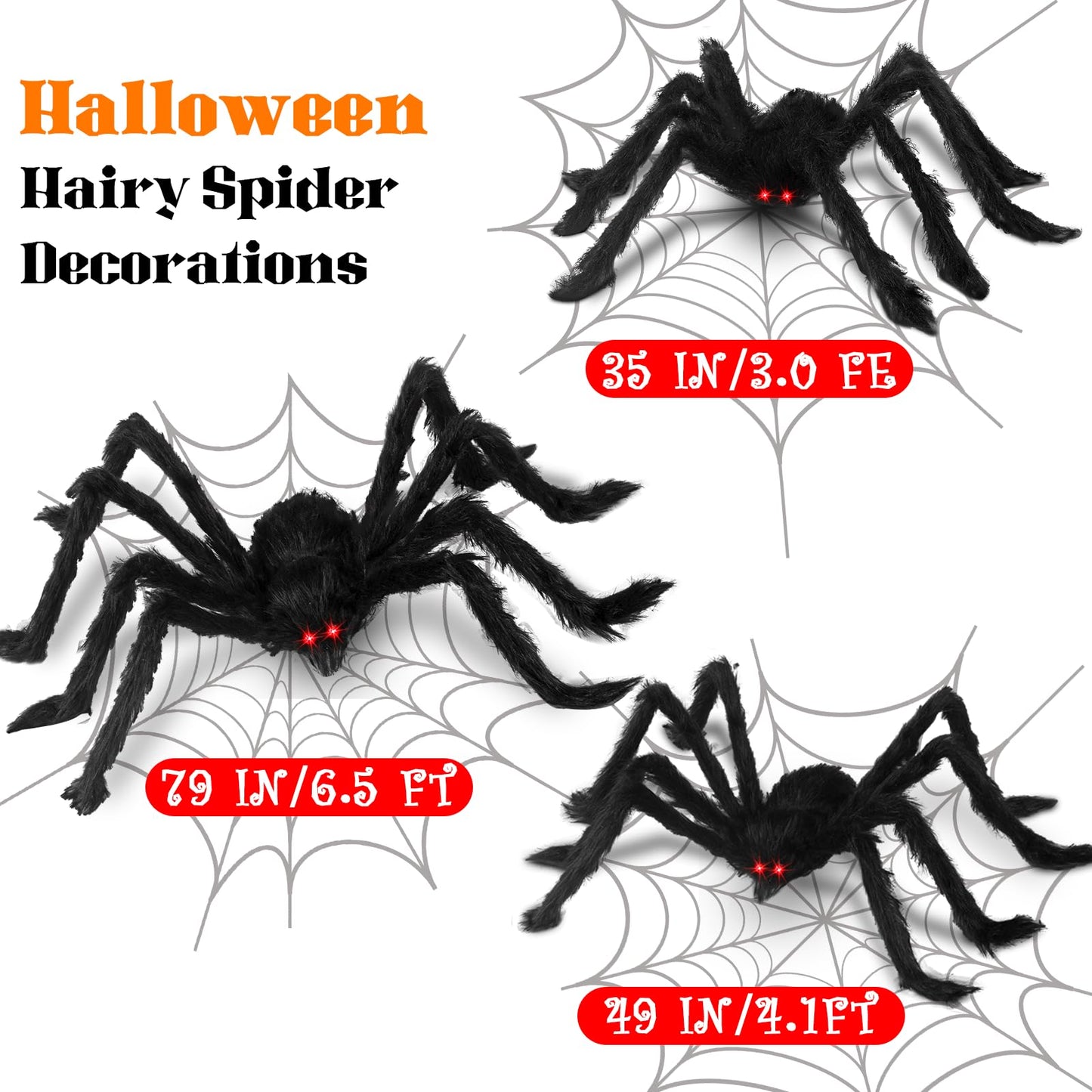Chermory Halloween Giant Spider Decorations: 35/49/79 Inches Large Fake Scary Hairy - 3PCS Huge Plush Toy Props for Indoor Outdoor Creepy Lawn Garden Decor Black