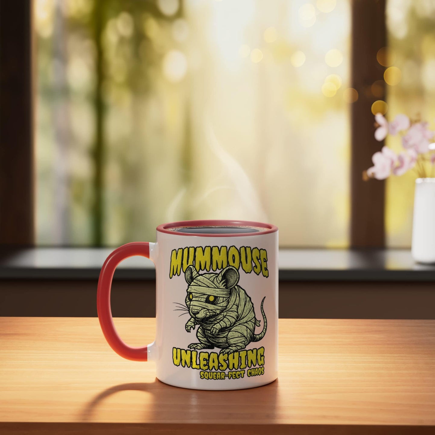 Funny Halloween Mummy Mouse Cute Spooky Graphic Ceramic Mug, Red/White