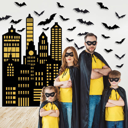 Tingjoo 61 Pcs Bat City Backdrop Photography Background Include 60 Pcs 3D Bats Vampire Wall Decal Stickers Skyscraper City Background for Hero Theme Birthday Party Supplies
