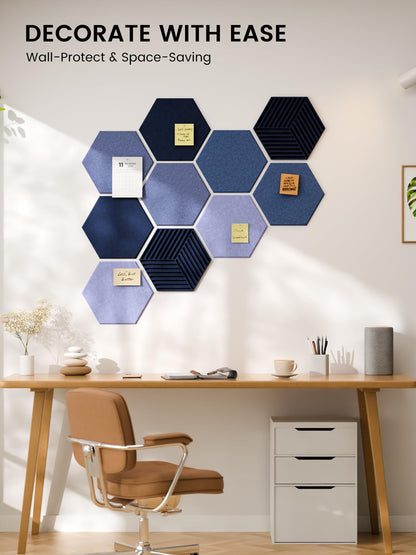 Fluxynara Hexagon Cork Board Alternative for Walls Decor-10-Pack Felt Bulletin Board Tiles,with 30 Pushpins,50 Adhesive Tabs for Office,Classrooms & Home Pin Board Felt Board-Denim Mist