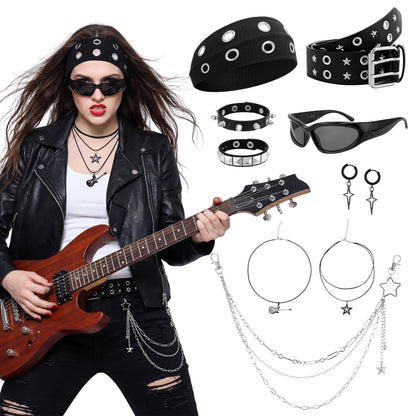 JATEBI 8 Pcs Gothic Punk Rock Accessories for Women, Y2K Accessories Set Black Studded Belt Bracelets Grommet Headband Punk Star Pants Chain Necklaces Earrings Sunglasses for Women