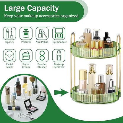 MOKANI 360 Rotating Makeup Organizer for Vanity, 2 Tier Adjustable Perfume Organizer for Dresser, Multi-Function Spinning Cosmetics Skincare Storage for Bedroom, Dresser, Countertop, Green