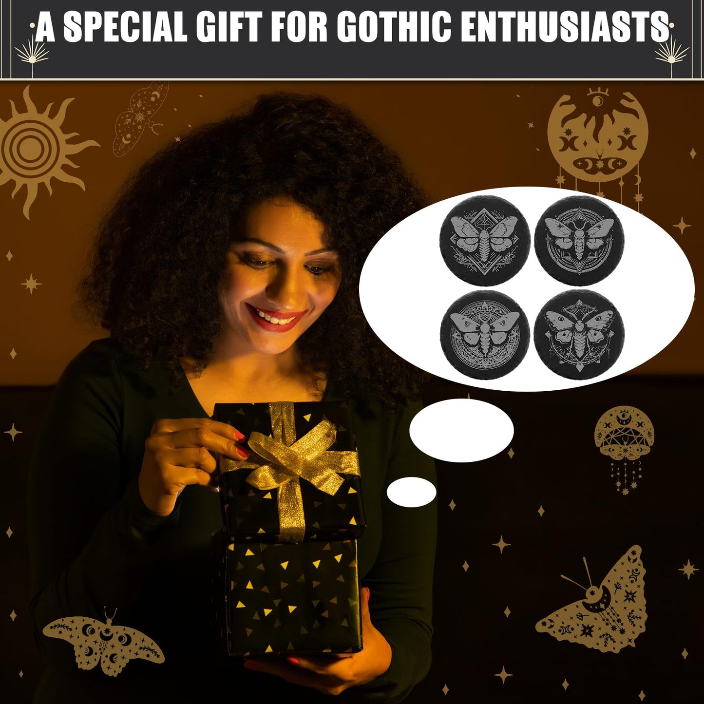 Hushee 4 Pcs Gothic Moth Slate Coasters Set, 4 Inch Laser Engraving Stone Black Round Coasters with Anti-Scratch Bottom and Storage Holder, Gothic Gift Home Decors for Kitchen Bar Office Dinner Table