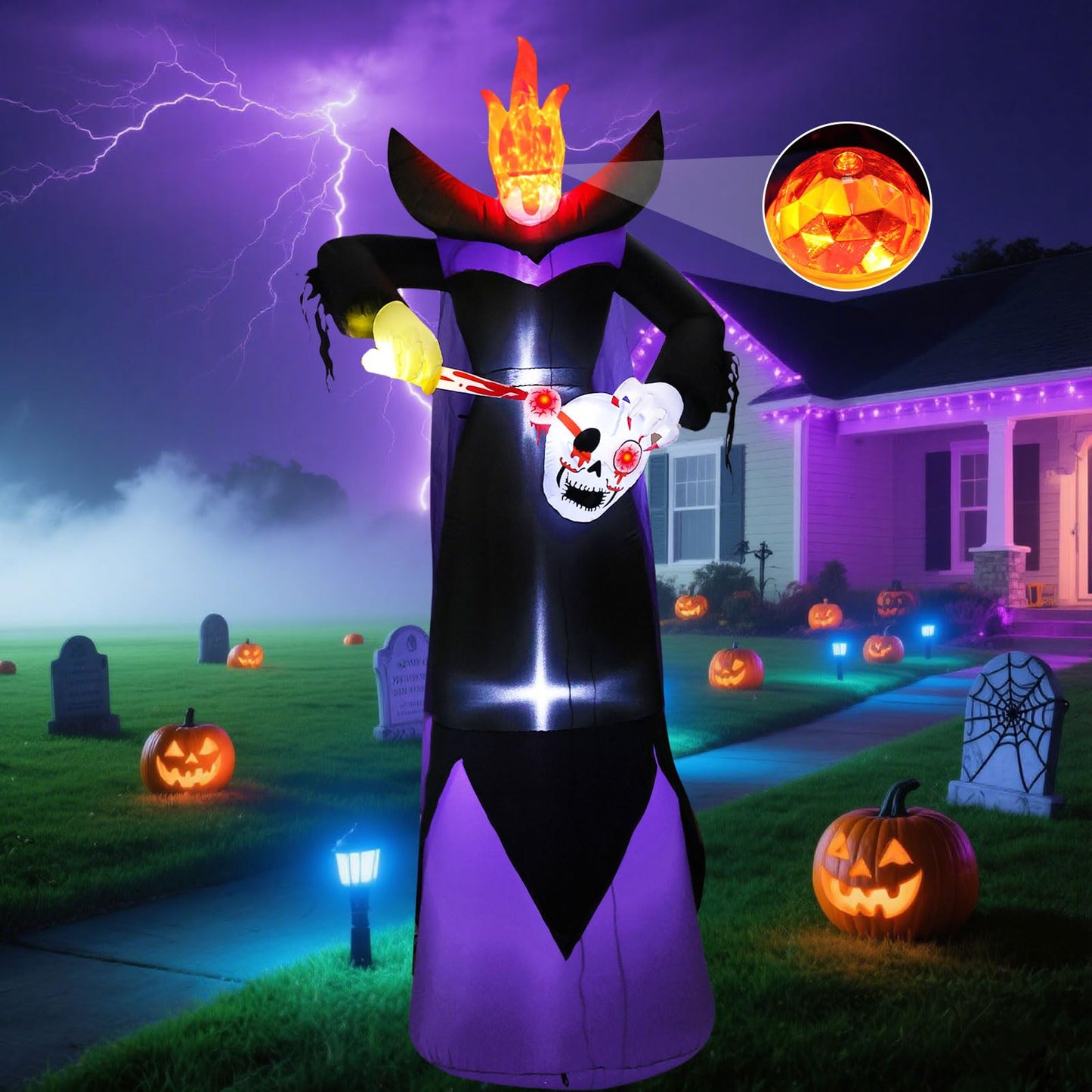 SRKLH 12FT Scary Halloween Inflatables Headless Killer Outdoor Decorations Grim Reaper Holding Skull Dig Out Eyeballs with Flame Light Giant Ghost Blow Up Yard Decoration for Party Garden Lawn Decor
