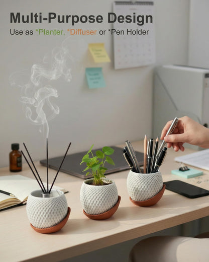 CODIAO Small Plant Pots Indoor with Drainage & Saucer (4 Inch) - Cute 3D Printed Geometric Planter - Modern White Pot for Succulents Cactus - Unique Desk Decor & Gardening Gift (Terra Cotta Base)