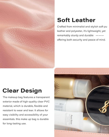 LETGO Clear Travel Makeup Brush Bag, Leather Portable Makeup Brush Bag Organizer Pouch Lipstick Bag Transparent Waterproof Makeup Bag Car Orangizer Storage Bag for Women (Dual Pink)