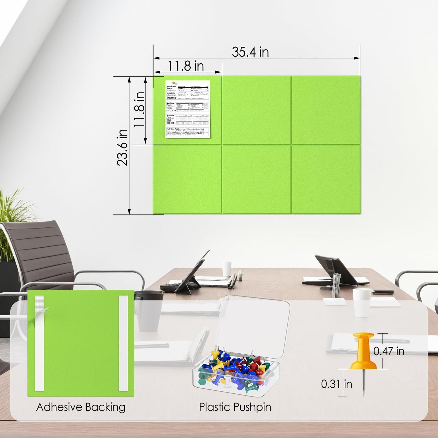 MaxGear Large Cork Board for Wall 36" x 24", Fruit Green Bulletin Board, 6 Pack Felt Wall Tiles with Pushpins, Cork Boards for Office Pin Board Tack Board Cork Boards