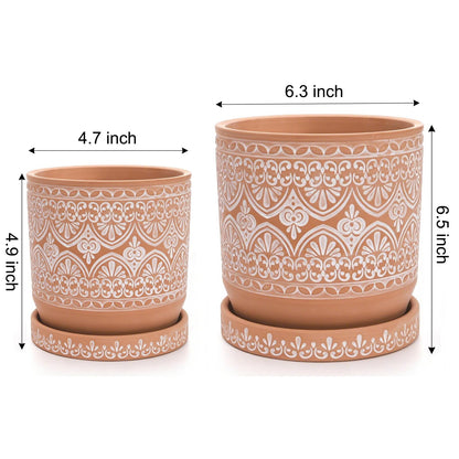 Suwimut Set of 2 Terracotta Plant Pots 4 Inch 6 Inch, Small Medium Clay Planter Pot, Ceramic Cactus Flower Succulent Pot with Drainage Hole and Saucer for Indoor Outdoor Plants