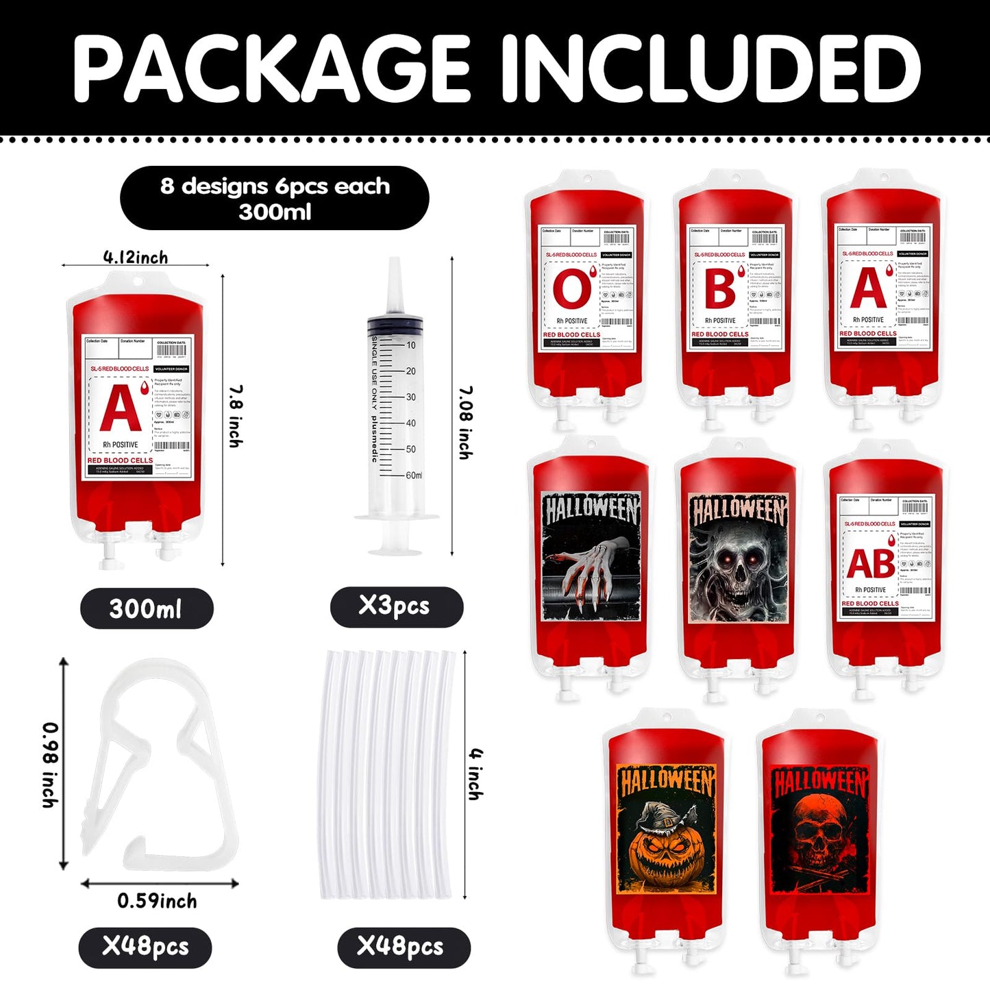 MGparty 48 Packs Halloween Blood Bags for Drink Halloween Party Decoration Drink Pouches Juice Containers for Zombie Vampire Theme Party Props (48pcs Bags, 48 Clips, 3 Syringes)
