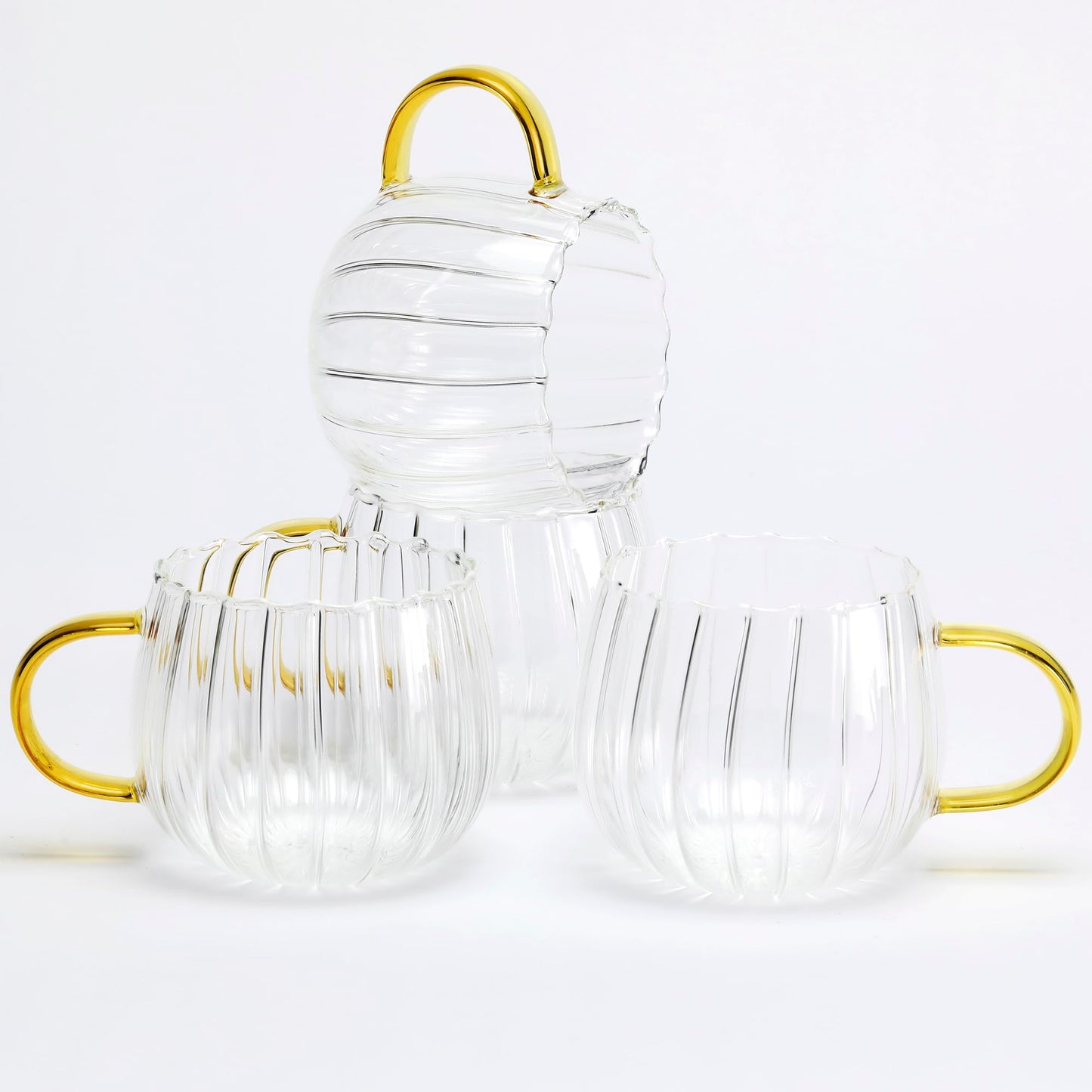 LUATSDAR Halloween Pumpkin Mugs 12 oz Glass Coffee Mugs Set of 4, Drinking Glasses with Yellow Handle, Clear Glass Cups for Hot or Cold Drinks like Cappuccino, Latte, Cocoa, Milk, Tea