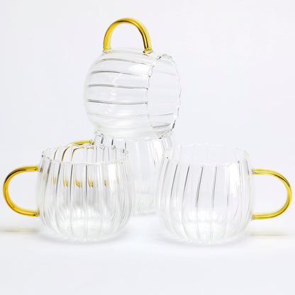LUATSDAR Halloween Pumpkin Mugs 12 oz Glass Coffee Mugs Set of 4, Drinking Glasses with Yellow Handle, Clear Glass Cups for Hot or Cold Drinks like Cappuccino, Latte, Cocoa, Milk, Tea