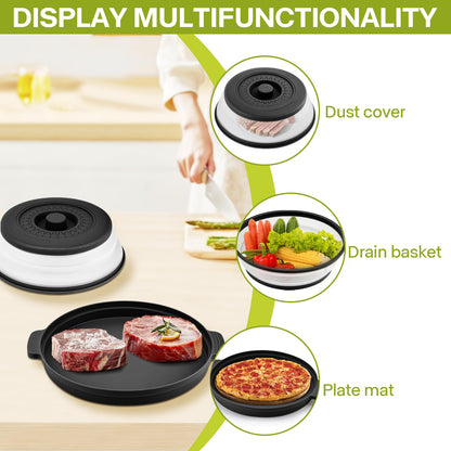 Microwave Splatter Cover for Food with Anti-scald Base Plate,Large Plastic & Silicone Vented Avoid Scalding Collapsible Guard Lid, Plate Holder & Kitchen Colander for Meal Prep-10.7 Inch (gray)