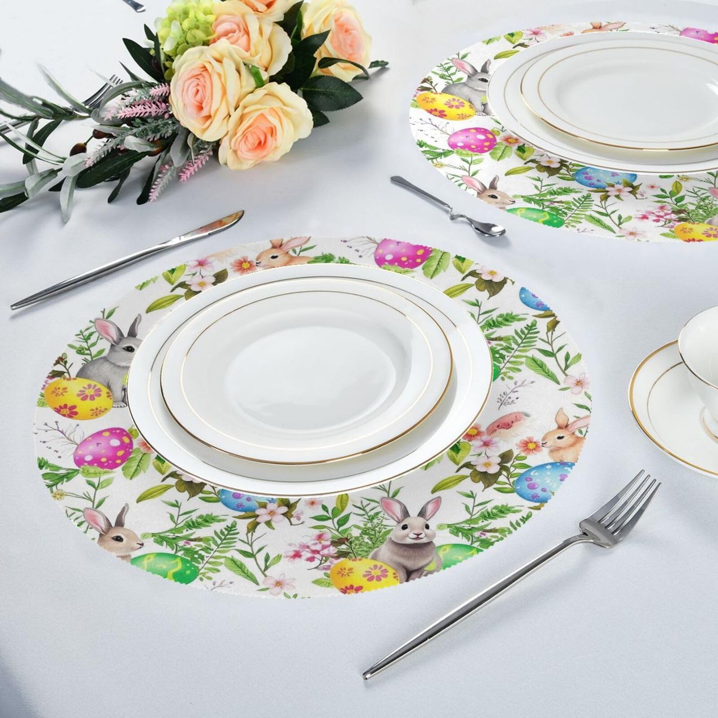 Easter Placemats Easter Bunny Eggs in Grass Flowers Round Placemats Set of 6 for Kitchen Table Washable Kitchen Table Mats Place mats