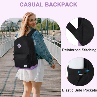 VASCHY Backpack for Teen Girls, Unisex Classic Water Resistant School Backpack Fits 15Inch Laptop (Black Purple)