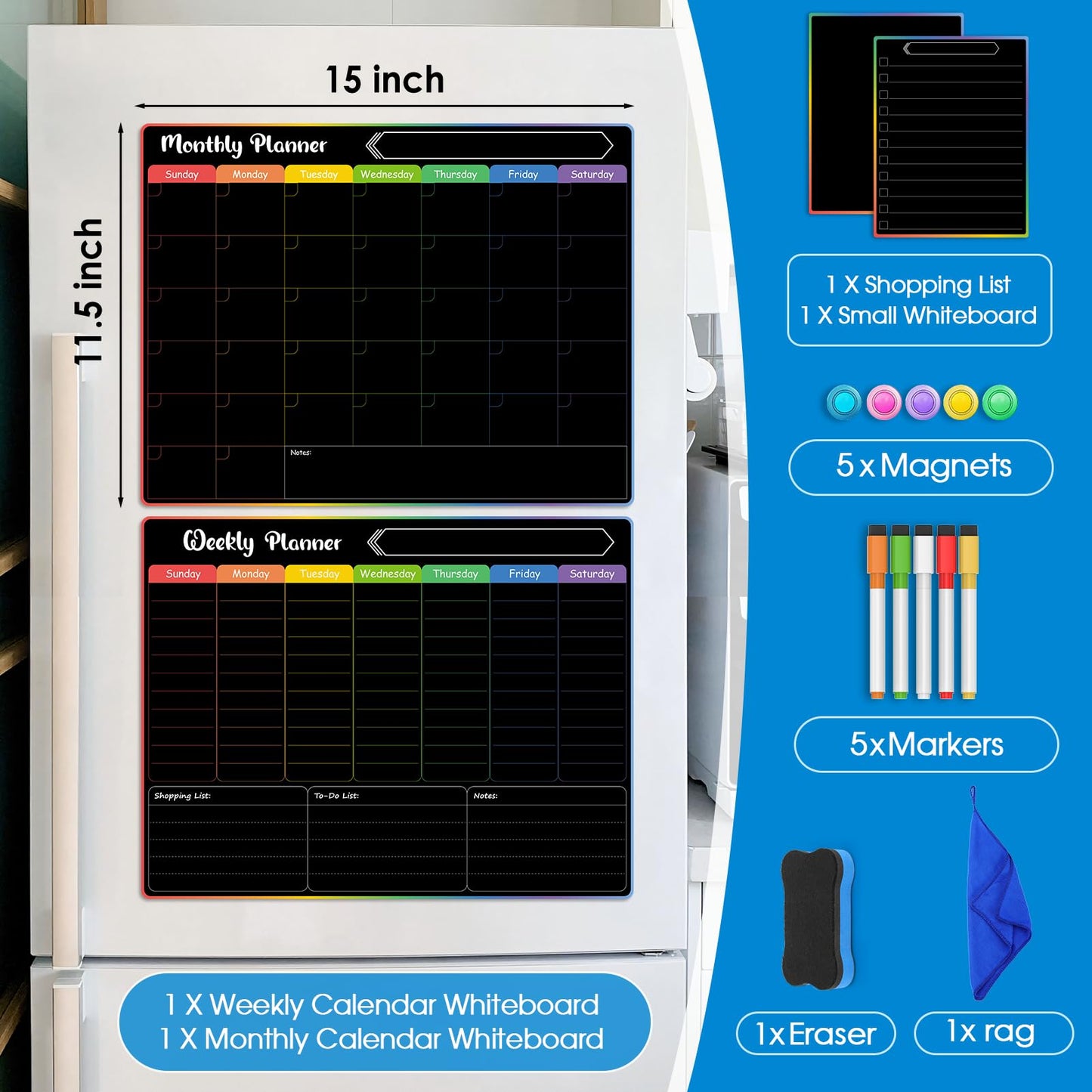 MaxGear 4 Pack Black Magnetic Fridge Calendar Set, 15x11.5 Dry Erase Chalkboard Calendar Whiteboard for Refrigerator, Includes Monthly, Weekly, List & Small Board with 5 Markers, 1 Eraser, 5 Magnets