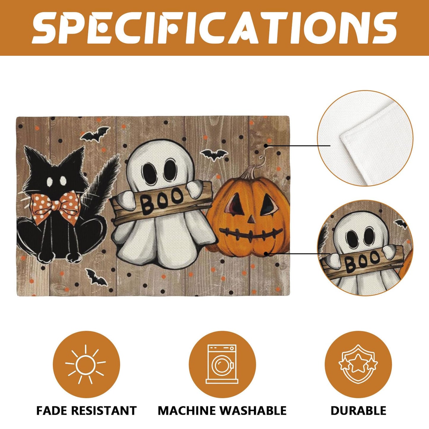 Trick Or Treat Pumpkin Halloween Garden Placemat Set of 4,12x18 Inch Bat Boo Cat Polka Dot Fall Garden Linen Washable Fabric Table Mats for Halloween Decoration Kitchen Dining Table Place Mats