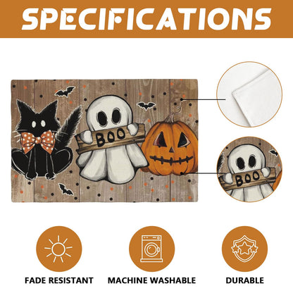 Trick Or Treat Pumpkin Halloween Garden Placemat Set of 4,12x18 Inch Bat Boo Cat Polka Dot Fall Garden Linen Washable Fabric Table Mats for Halloween Decoration Kitchen Dining Table Place Mats