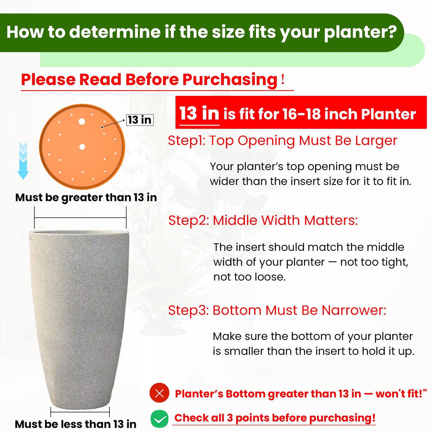 Furniok 2-Pack Round Planter Insert - Plant Pot Insert with Drainage Holes, Use Less Potting Soil, Planter Accessories for Indoor & Outdoor Use (13 inch)