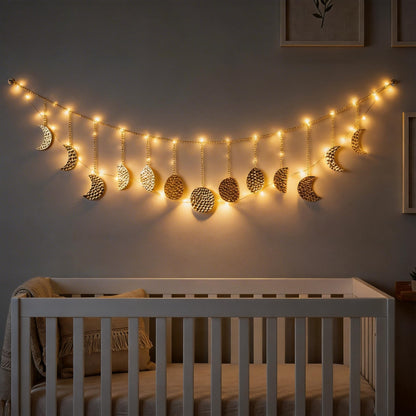 Opulinea Boho Moon Phase Wall Hanging, Gold Hammered Metal LED Celestial Garland for Bedroom Witchy Home Christmas Decor