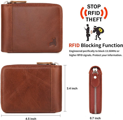 CALFART Slim Zipper Wallets For Men RFID Leather Mens Bifold Creidt Card Holder Zip Around Wallet With Coin Pocket