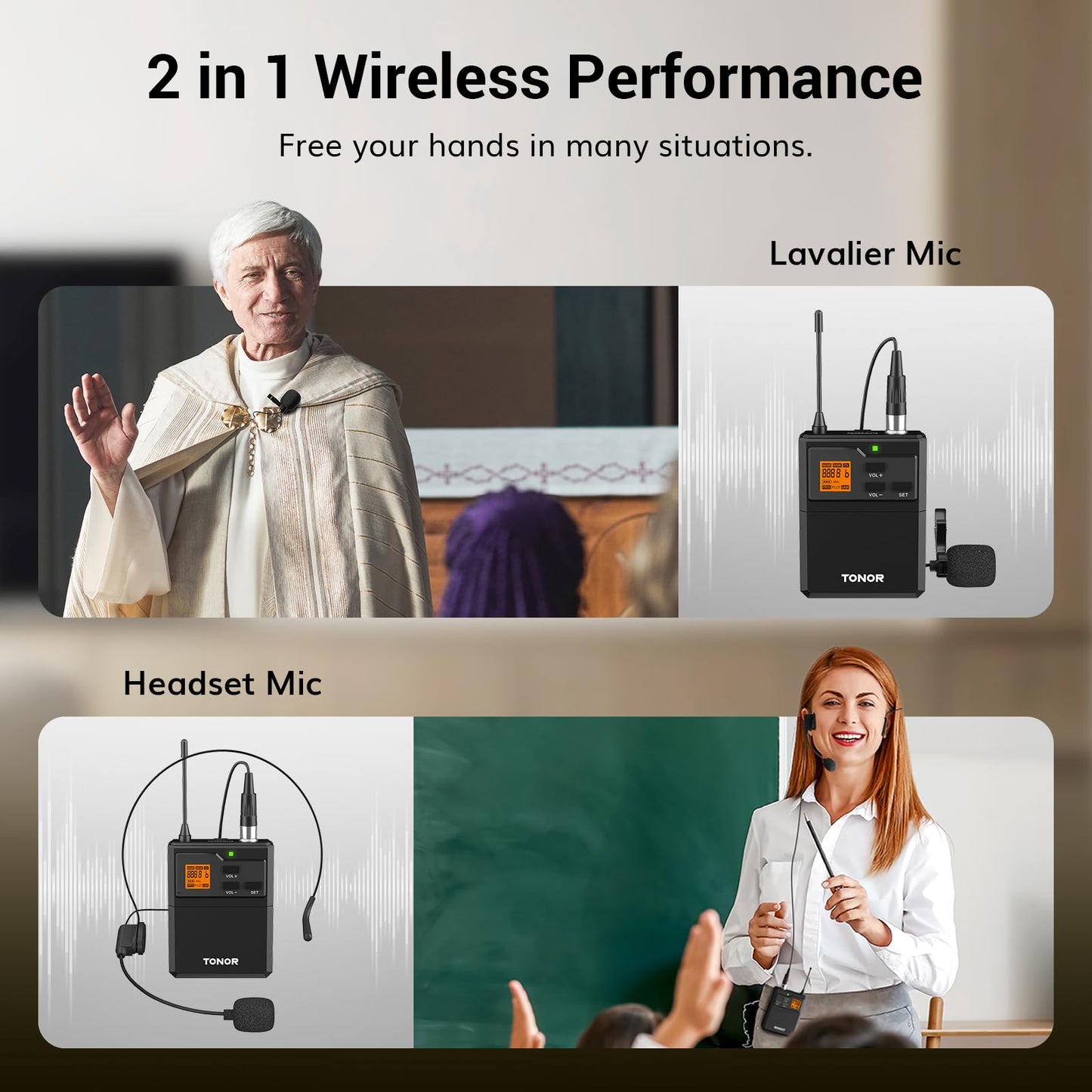 TONOR UHF Wireless Microphone System with Headset Lavalier Lapel Mic, Bodypack Transmitter, Rechargeable Receiver, 15 Channels 60 m/200ft Range 1/4" Output for Recording, 1 Bodypack Mic