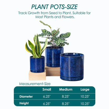 vancasso Ceramic Planters, Plant Pots for Indoor Plants, 6.25+8.25+10.25 Inch Ceramic Pots for Plants, Flower Pots with Drainage Holes (Blue, 6.25+8.25+10.25 Inch)