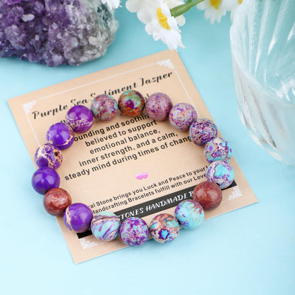 AD Beads 8mm Handmade Purple Sea Sediment Imperial Jasper Elastic Bracelet – Natural Gemstone for Joy & Positivity – Meditation, Yoga, Healing and Energy Gift for Men Women