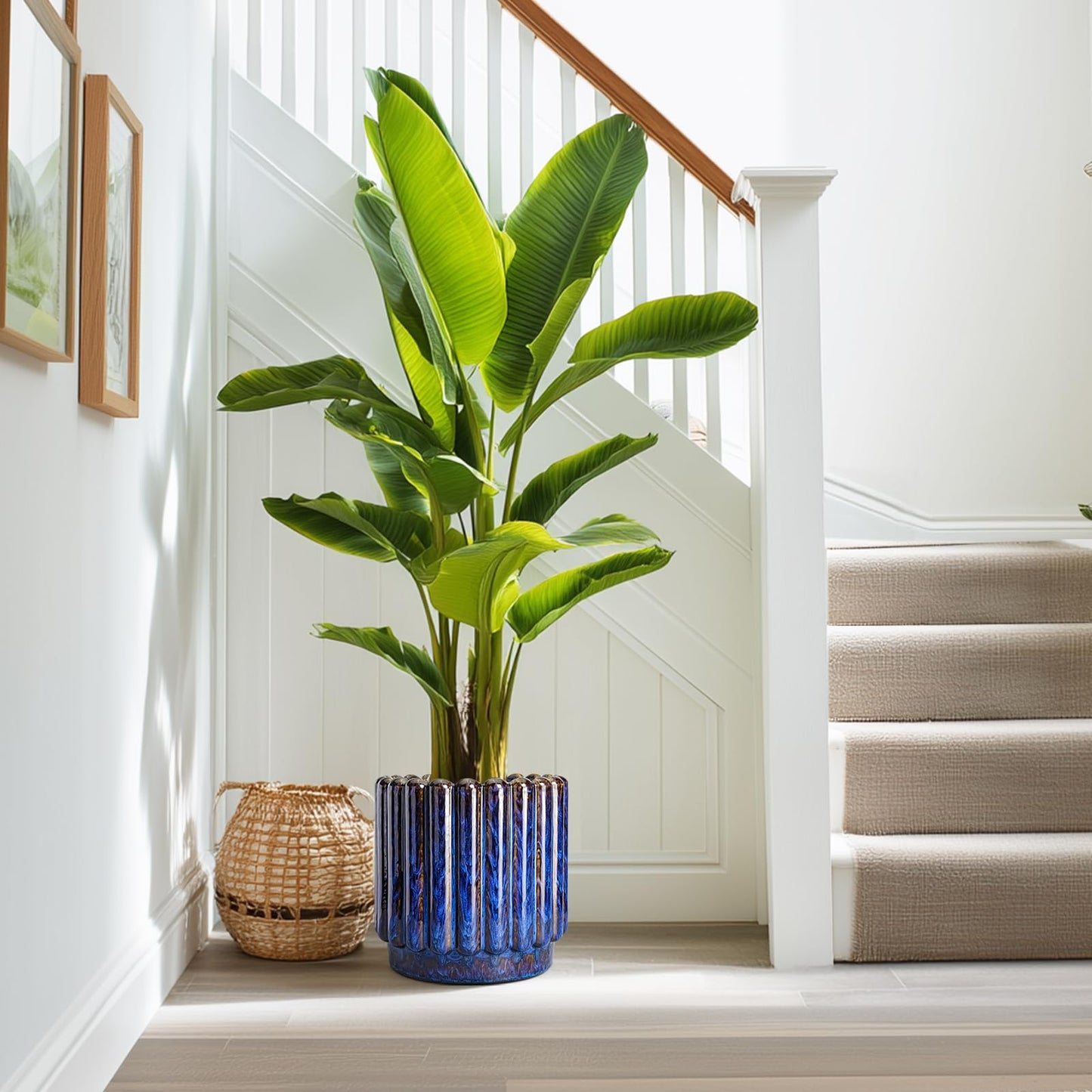 Ceramicfor Ceramic Planter - 9.6 Inch Ceramic Plant Pots Indoor Outdoor, Round Flower Pots with Drainage Hole, Large Fluted Modern Planter, Room Home Bedroom Decor, Plant Lover Gifts, Blue