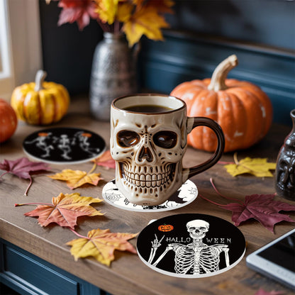 Whaline 4Pcs Halloween Ceramic Coasters Skeleton Pumpkin Drink Coasters Absorbent Cup Mat for Mug Cup Home Kitchen Party Table Decor