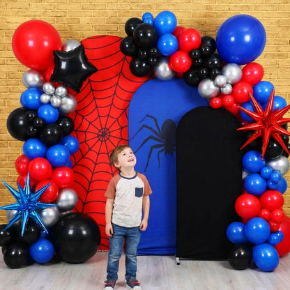 Hillsuren 137 Pcs Spider Web Theme Party Decoration Kit 4ft, 5ft, 6ft Red Black Blue Spider Web Arch Cover Backdrop Balloons Glue Ribbon Strip for Birthday Baby Shower Wedding Photography Decor
