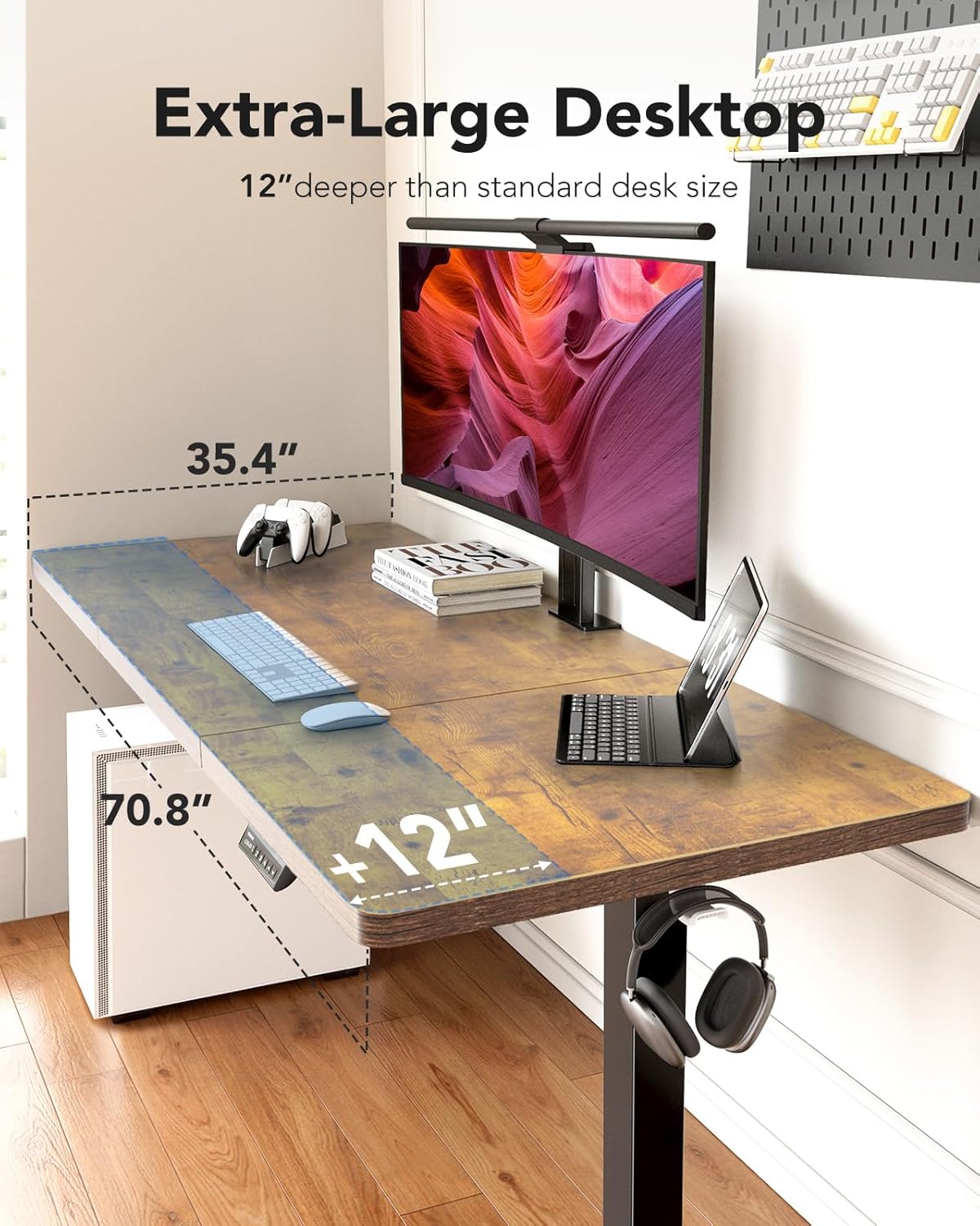 HUANUO 71 x 35 inch Electric Standing Desk, Powerful Brushless Motor Large Height Adjustable Table, 4 Memory Preset Sit Stand Up Desk, Home Office Computer Table with Thick T-Shaped Frame, Vintage