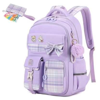 MOONBABY Girls Backpack, Kids Backpack for Girls School Bags with Pen Case, Bow Plaid Book Bag for Elementary Middle Primary High School College, Purple-2pcs