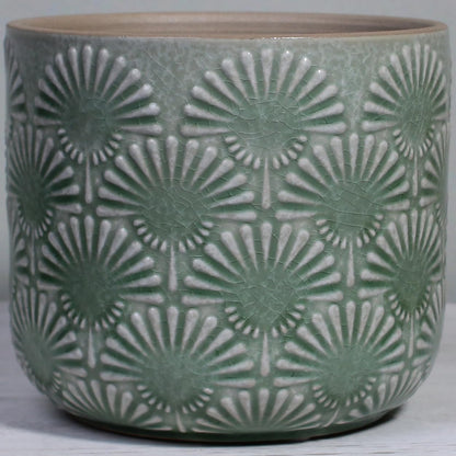 Xiaan Jiaju Boho Embossed Ceramic Flower Pot, 6.7 Inch Contemporary Pots for Indoor Plants, Scandinavian Decorative Glazed Planter with Fan Pattern, Mint Green