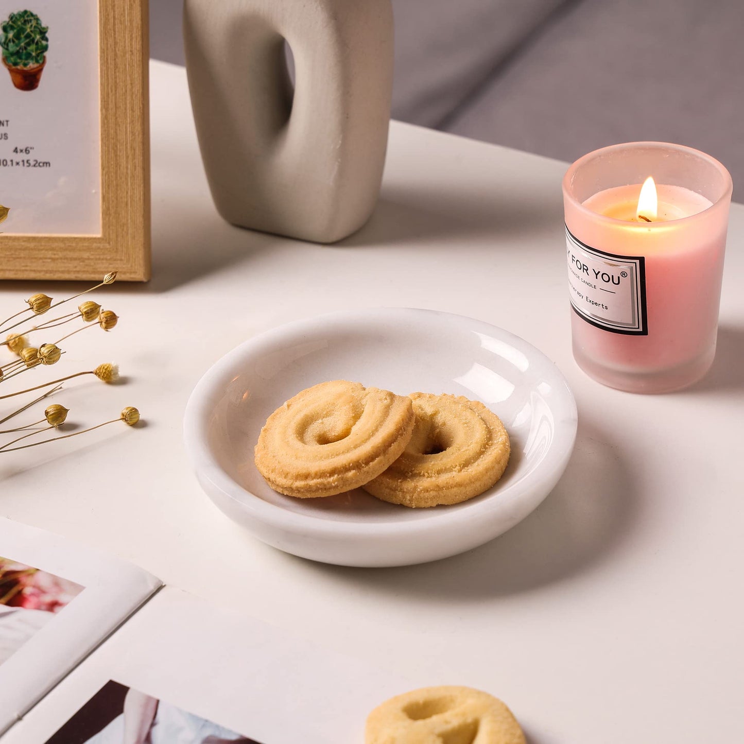 Natural Marble Travertine Ring Dish Jewelry Tray 5.5" for Women, Marble Trinket Dish for Key Earring Nightstand, Mother's Day Engagement Birthday Gift - Italian White