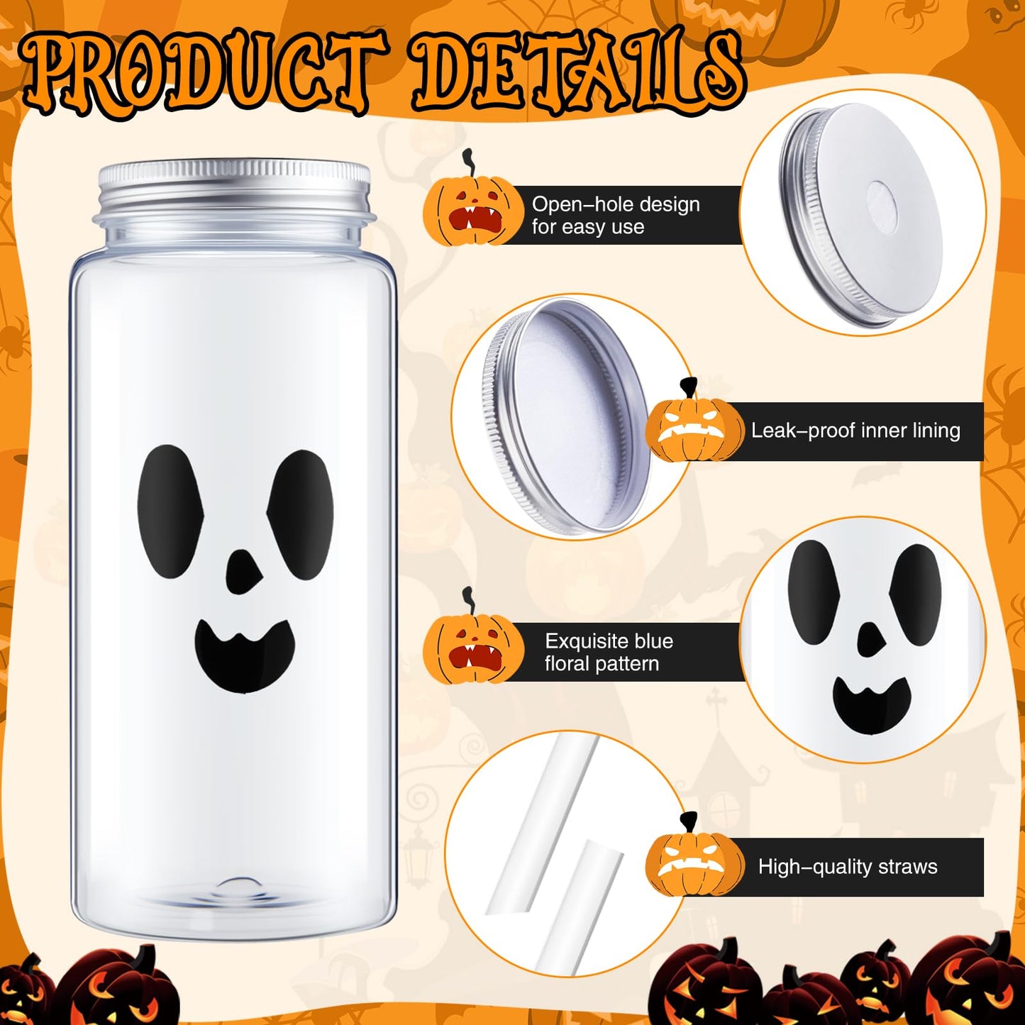 Patelai 12 Pcs Halloween Plastic Cups with Lids and Straws 13.5 oz Pumpkin Ghost Face Drinking Cup Reusable Clear Bottles Scary Printed Party Tumblers for Trick or Treat Party Supplies