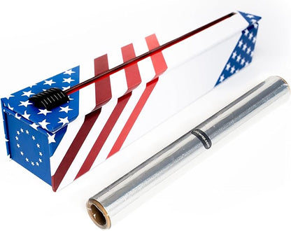 ChicWrap Red, White and Blue Refillable Foil Dispenser - One 12"x 30' Roll of Professional Grade Aluminum Foil - Reusable Dispenser w/Slide Cutter - Kosher Certified - Reduces Waste & Saves Money