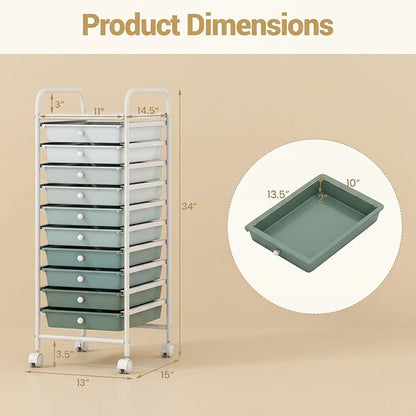 COSTWAY 10-Drawer Rolling Storage Cart, Utility Mobile Trolley with Removable Drawers & Universal Casters & 2 Brakes (Green Gradient,13"L x 15"W x 34"H (10 Drawer))